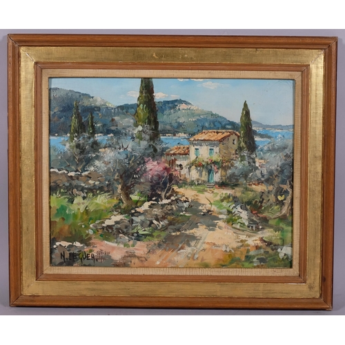 614 - Nicole Leguen, Continental landscape, oil on board, signed, 32cm x 42cm, framed