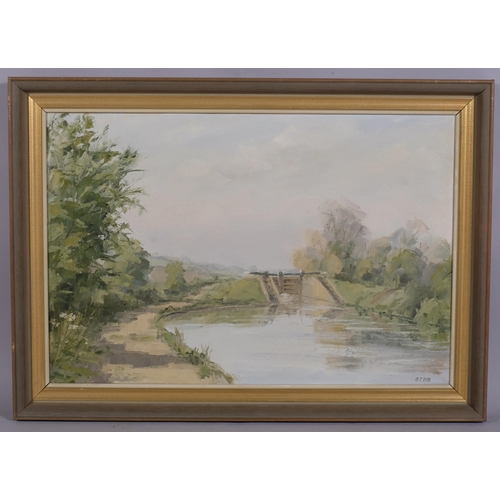 615 - Brian Newton Bennett, weir on the river, oil on canvas, signed with monogram, 41cm x 61cm, framed