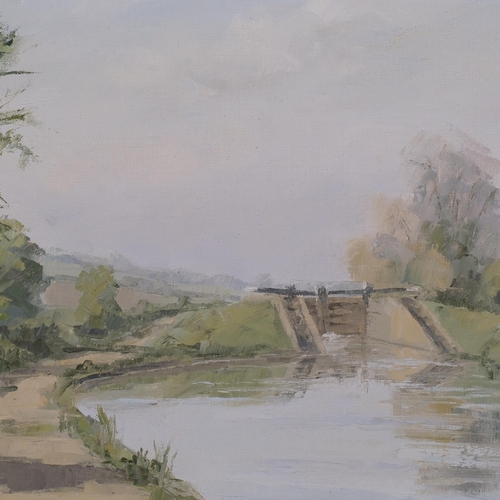 615 - Brian Newton Bennett, weir on the river, oil on canvas, signed with monogram, 41cm x 61cm, framed