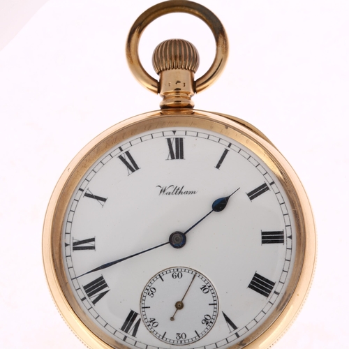 1032 - WALTHAM - an early 20th century 15ct gold open-face keyless pocket watch, white enamel dial with Rom... 