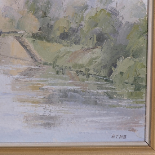 615 - Brian Newton Bennett, weir on the river, oil on canvas, signed with monogram, 41cm x 61cm, framed