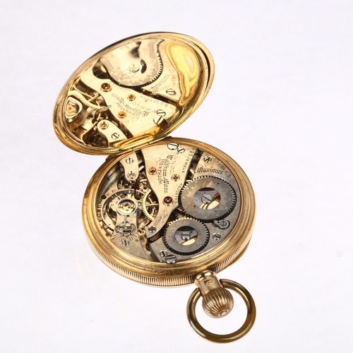 1032 - WALTHAM - an early 20th century 15ct gold open-face keyless pocket watch, white enamel dial with Rom... 