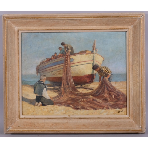 616 - Cyril Bruce, beached fishing boat, oil on canvas, signed, 41cm x 51cm, framed