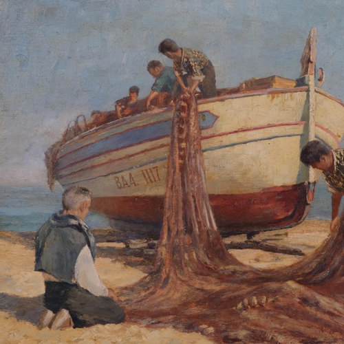 616 - Cyril Bruce, beached fishing boat, oil on canvas, signed, 41cm x 51cm, framed