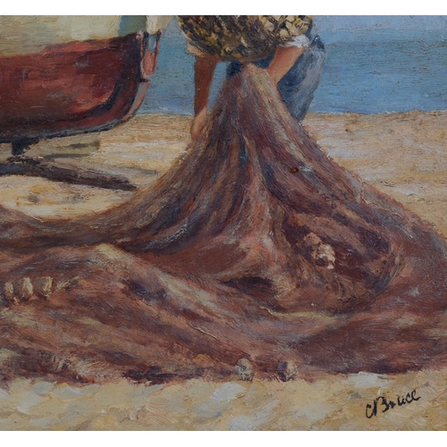 616 - Cyril Bruce, beached fishing boat, oil on canvas, signed, 41cm x 51cm, framed