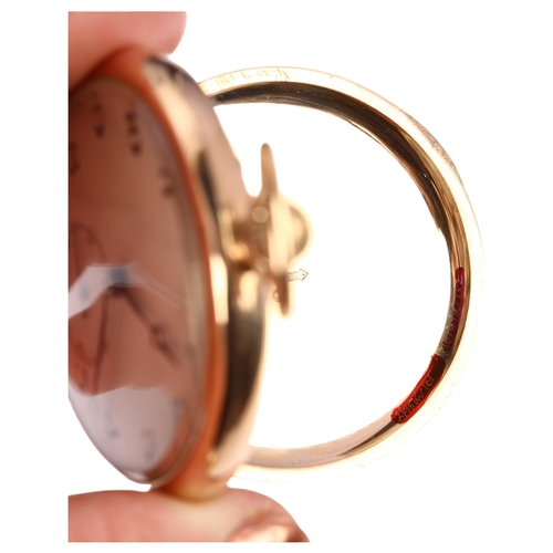 1034 - An Art Deco 9ct rose gold open-face keyless pocket watch, silvered dial with Arabic numerals, blued ... 