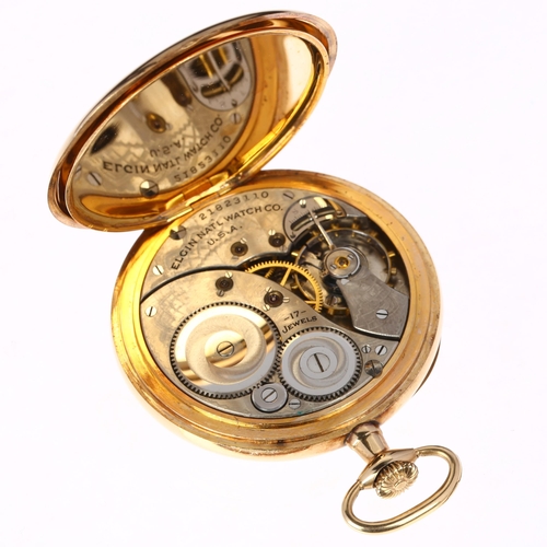 1035 - ELGIN - an American 14ct gold open-face keyless pocket watch, white enamel dial with Arabic numerals... 