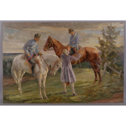 620 - August Wedel (1885 - 1953), German cavalry soldiers, oil on board, signed, 80cm x 120cm, unframed