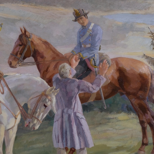 620 - August Wedel (1885 - 1953), German cavalry soldiers, oil on board, signed, 80cm x 120cm, unframed