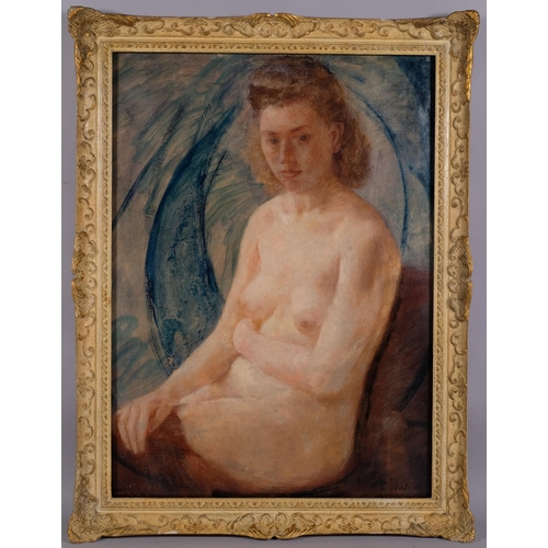 621 - Female nude life study, oil on canvas, indistinctly signed, 95cm x 70cm, framed