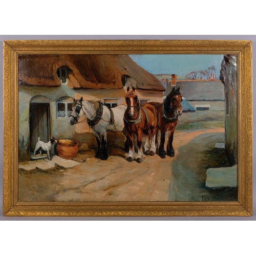 622 - Manner of Fred Hall, carthorses, oil on canvas, 73cm  x 108cm, framed