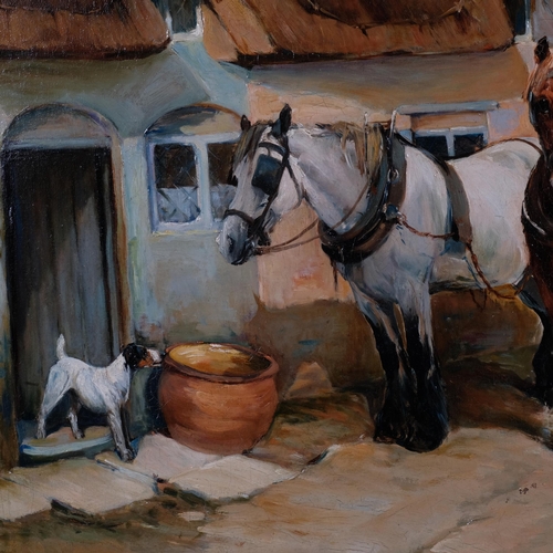 622 - Manner of Fred Hall, carthorses, oil on canvas, 73cm  x 108cm, framed