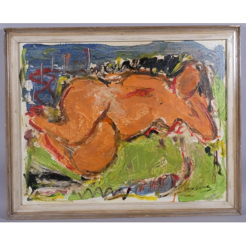 623 - Contemporary abstract nude composition, oil on canvas, unsigned, 84cm x 105cm, framed