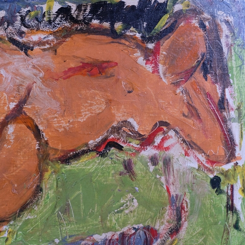 623 - Contemporary abstract nude composition, oil on canvas, unsigned, 84cm x 105cm, framed