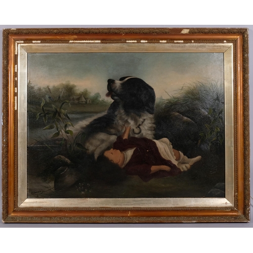 624 - Large 19th century oil on board, child and dog, 67cm x 90cm, framed