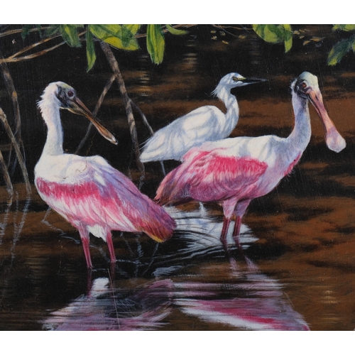 626 - Matthew Hillier (born 1958), spoonbills and snowy egret, acrylic on board, signed with SWLA exhibiti... 