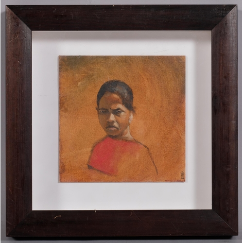 628 - Akash Bhatt, head portrait, oil on board, 2000, 14cm x 14cm, framed, provenance: Beaux Arts Bath