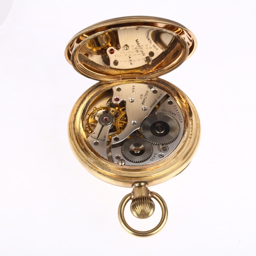 1042 - WALTHAM - an American gold plated open-face keyless pocket watch, white enamel dial with painted Rom... 