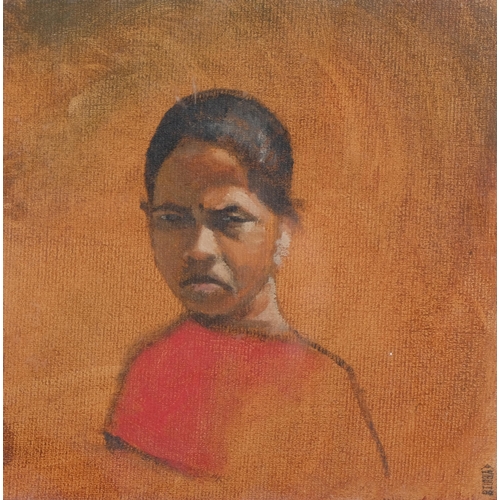 628 - Akash Bhatt, head portrait, oil on board, 2000, 14cm x 14cm, framed, provenance: Beaux Arts Bath