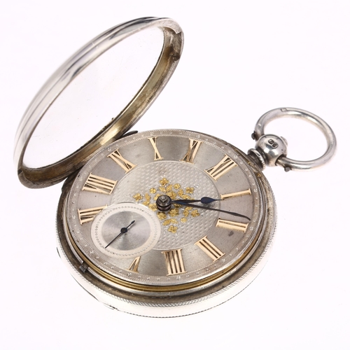 1045 - A 19th century silver open-face key-wind pocket watch, engine turned silvered dial with applied gold... 