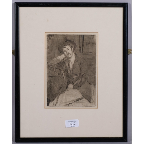 632 - Walter Greaves (1846 - 1930), self portrait, etching, plate 20cm x 13.5cm, framed