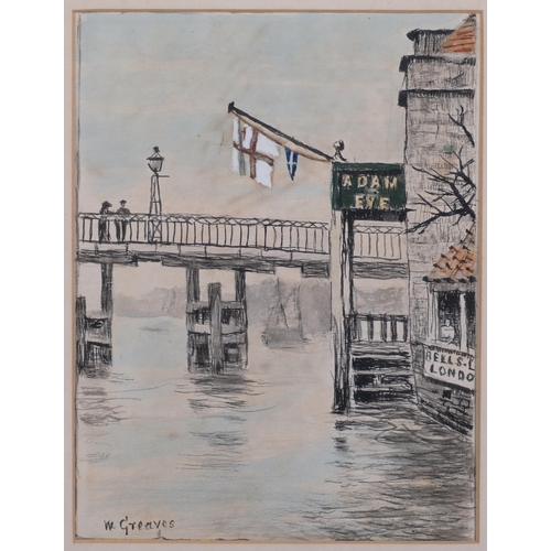 634 - Walter Greaves (1846 - 1930), old Battersea Bridge, ink and watercolour, signed, 22cm x 17cm, framed