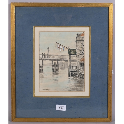 634 - Walter Greaves (1846 - 1930), old Battersea Bridge, ink and watercolour, signed, 22cm x 17cm, framed