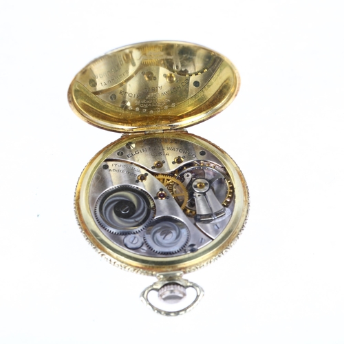 1047 - ELGIN - an Art Deco 14k gold filled open-face keyless slimline pocket watch, silvered dial with hand... 