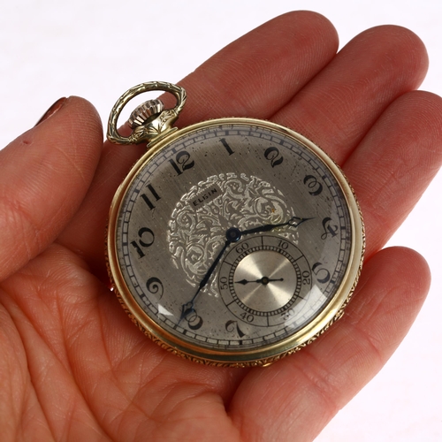 1047 - ELGIN - an Art Deco 14k gold filled open-face keyless slimline pocket watch, silvered dial with hand... 