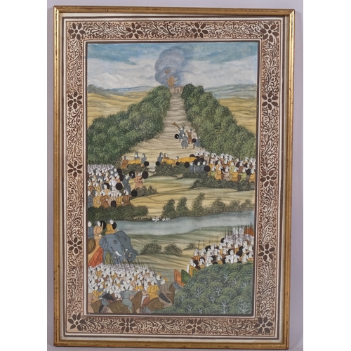 637 - Mughal battle scene, watercolour on linen, 50cm x 35cm, framed