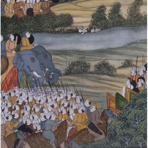 637 - Mughal battle scene, watercolour on linen, 50cm x 35cm, framed