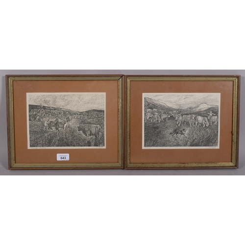 643 - Edina Whyte, scenes of old Highland life, pair of woodcut prints, signed and titled in pencil, image... 