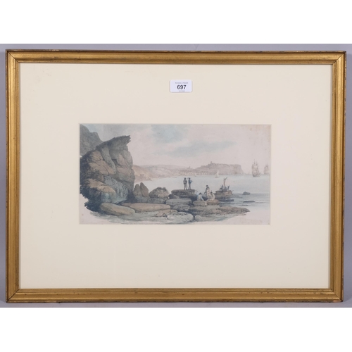 697 - View of Scarborough, coloured engraving, printed 1821, 17cm x 34cm, framed