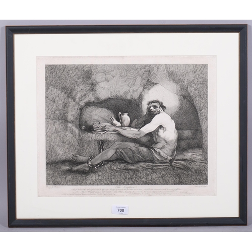 700 - R Blyth after Mortimer, the captive, etching, published 1781, image 29cm x 38cm, framed