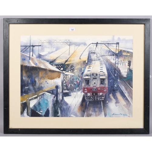 704 - Ananta Mandal (Indian School), lower parel train Mumbai, watercolour, signed, 54cm x 75cm, framed