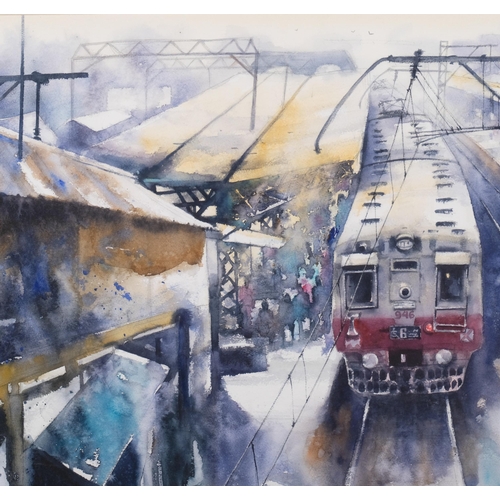 704 - Ananta Mandal (Indian School), lower parel train Mumbai, watercolour, signed, 54cm x 75cm, framed