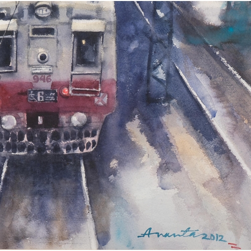 704 - Ananta Mandal (Indian School), lower parel train Mumbai, watercolour, signed, 54cm x 75cm, framed