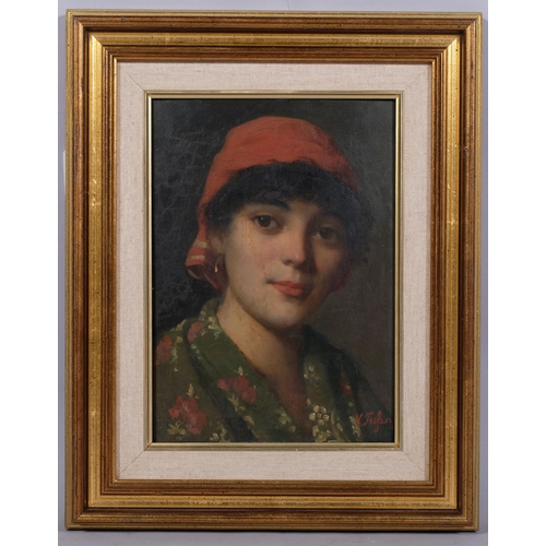 708 - Vigo Jespersen (born 1893), portrait of a girl, oil on board, signed, 25cm x 18cm, framed