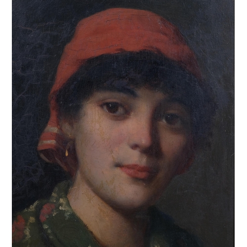 708 - Vigo Jespersen (born 1893), portrait of a girl, oil on board, signed, 25cm x 18cm, framed