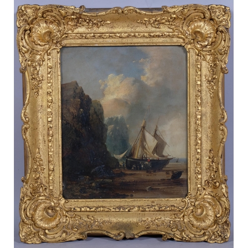 709 - Edmund John Niemann (1813 - 1876), beached fishing boat, oil on canvas, signed, 30cm x 25cm, framed