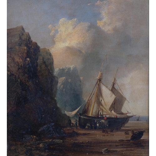 709 - Edmund John Niemann (1813 - 1876), beached fishing boat, oil on canvas, signed, 30cm x 25cm, framed