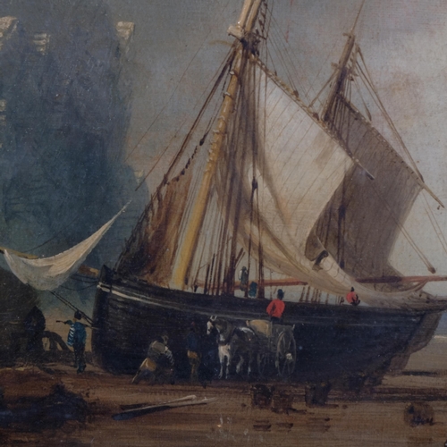 709 - Edmund John Niemann (1813 - 1876), beached fishing boat, oil on canvas, signed, 30cm x 25cm, framed