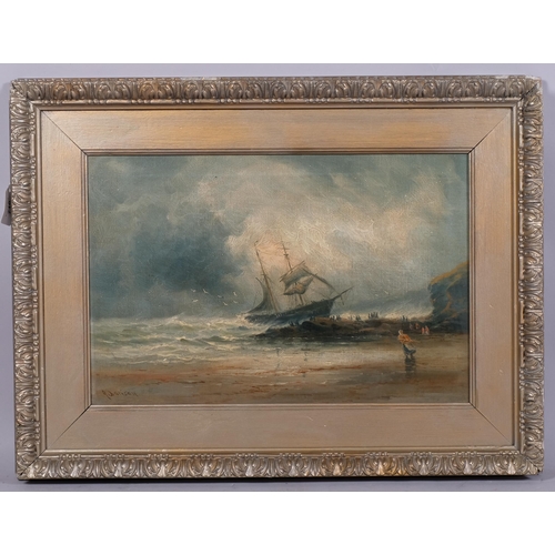 710 - Y Davison, shipwreck on the rocks, 19th century oil on canvas, signed, 30cm x 46cm, framed