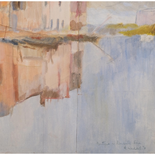 712A - G Waddell, view of Marseilles, oil on canvas, 1978, 50cm x 90cm, framed