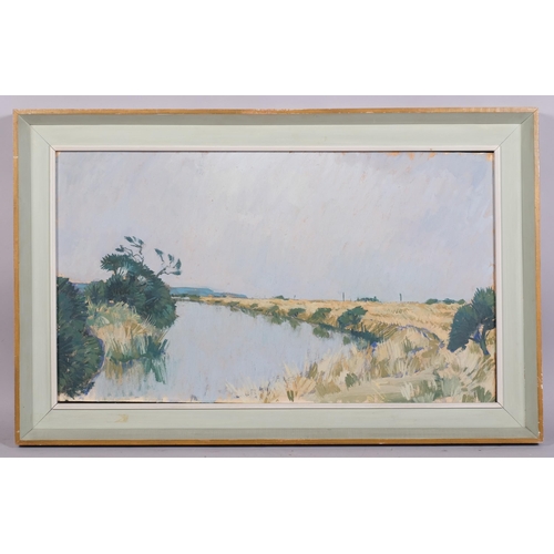 713 - J Dawkins, view of Romney Marsh, oil on board, circa 1960s, signed verso, 40cm x 70cm