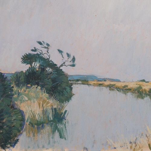 713 - J Dawkins, view of Romney Marsh, oil on board, circa 1960s, signed verso, 40cm x 70cm