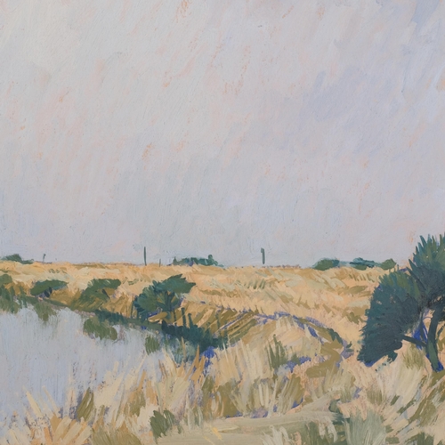 713 - J Dawkins, view of Romney Marsh, oil on board, circa 1960s, signed verso, 40cm x 70cm