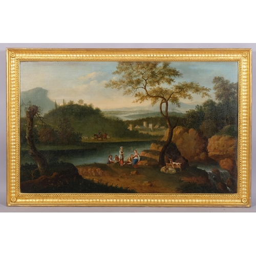 715 - 18th century British School, pastoral Classical landscape, oil on canvas, unsigned, 50cm x 81cm, fra... 