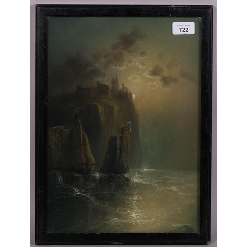 722 - J Grant, cliff top castle ruins by moonlight, 19th century coloured pastels, signed, 37cm x 27cm, fr... 