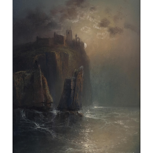 722 - J Grant, cliff top castle ruins by moonlight, 19th century coloured pastels, signed, 37cm x 27cm, fr... 